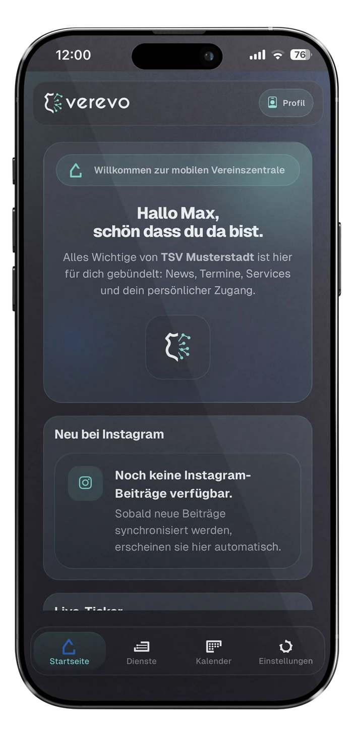 Startbildschirm der Verevo App auf dem Smartphone